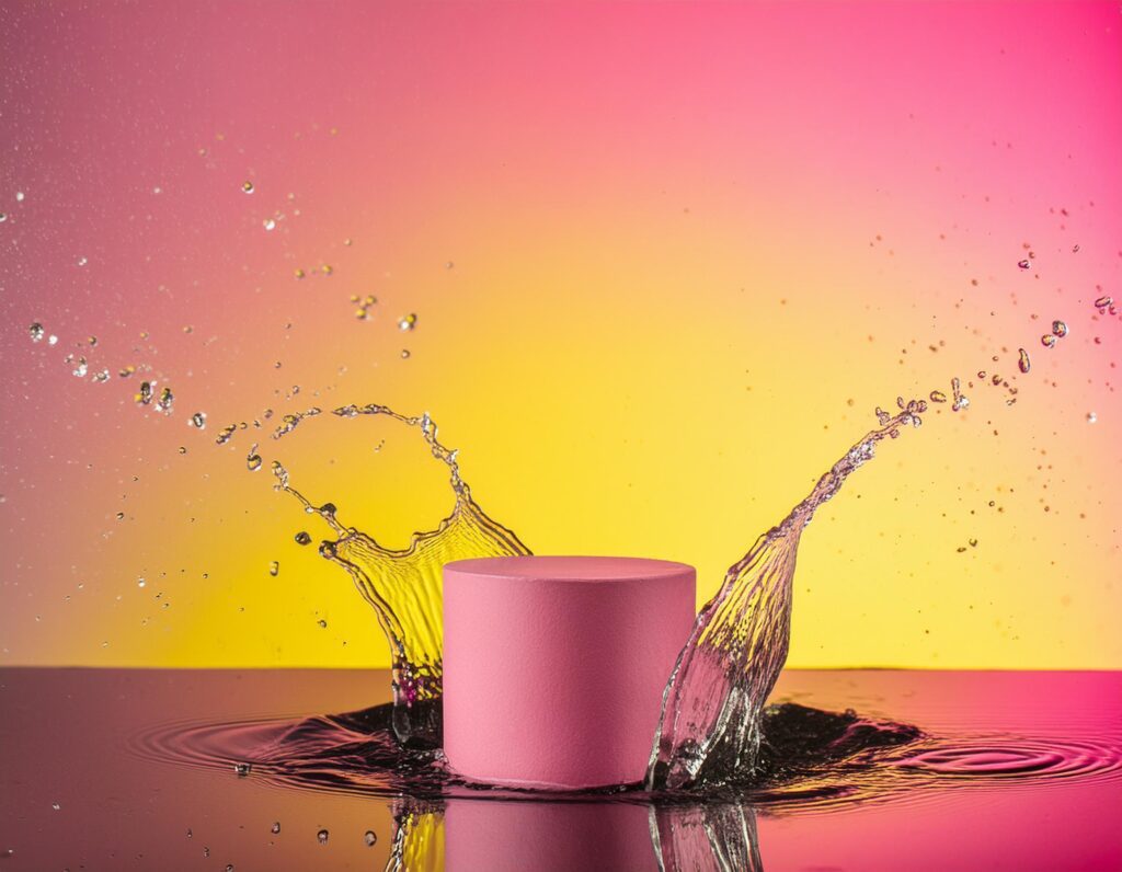 empty pink podium mockup with water splash on a pink and yellow gradient background for product display Stock Free