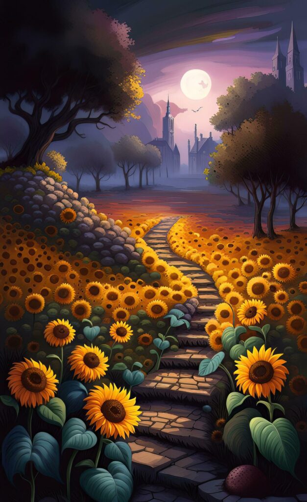 An image of sunflower garden with a winding stone path. Stock Free