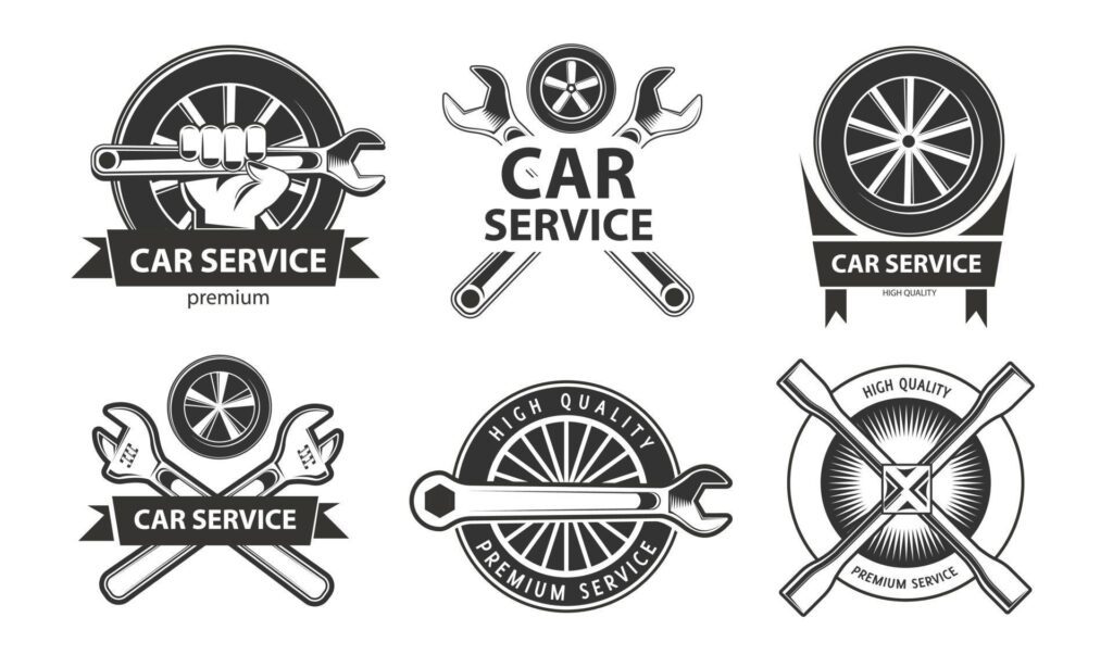 Service, repair set of labels or logos. Maintenance work. Stock Free