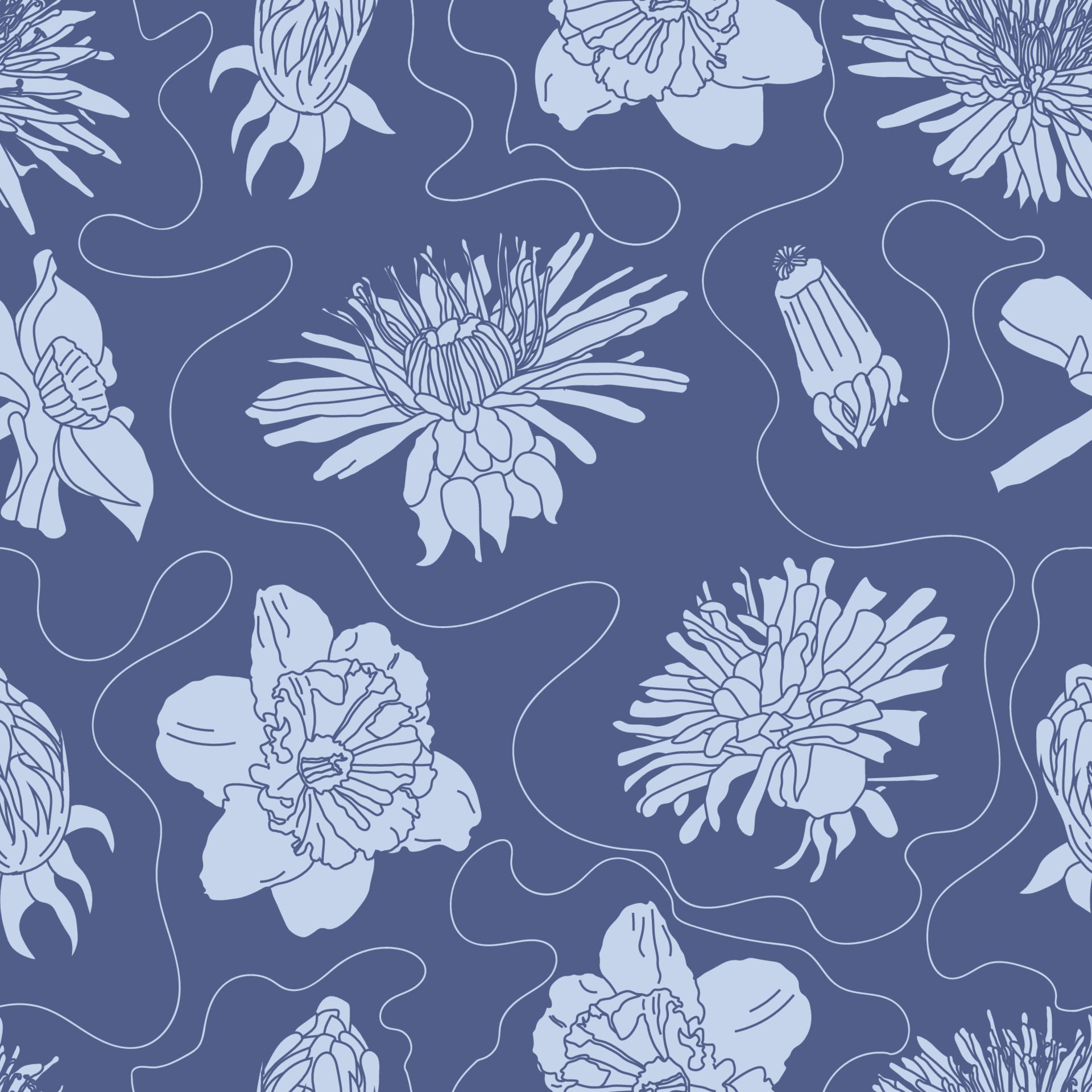 Big Bloom Vintage Line Art Seamless Floral Pattern Free Vector