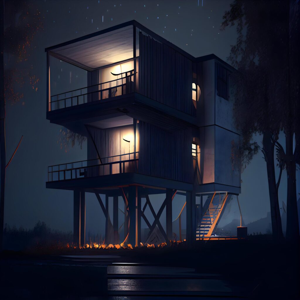 modern building in the city at night, 3d illustration, horizontal, Image Stock Free