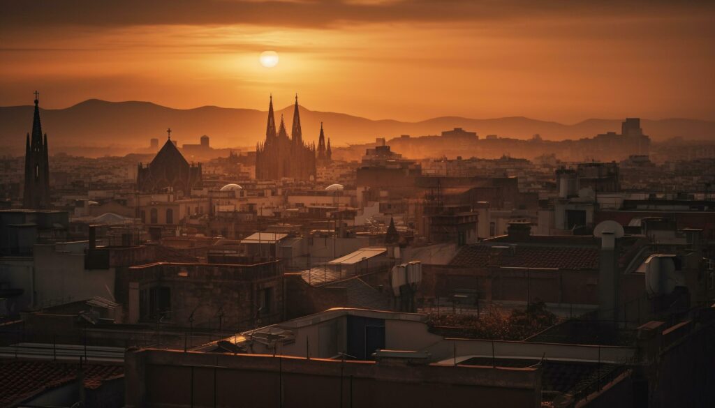 Sunset illuminates city skyline, ancient minarets silhouette generated by AI Stock Free