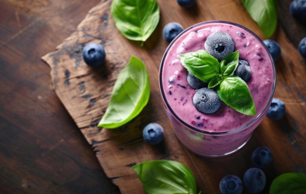 blueberry smoothie with blueberries and basil leaves on wooden table Free Photo