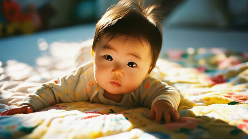 A baby lying on a blanket at a baby’s room. Generative AI Free Photo