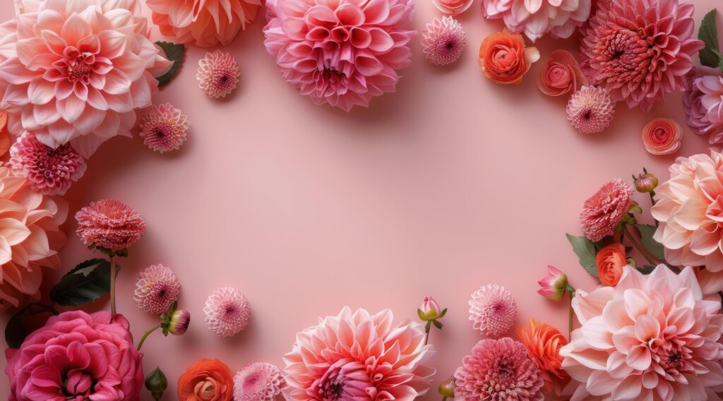 Pink and Orange Flowers Arranged in a Heart Shape on a Pink Background Stock Free