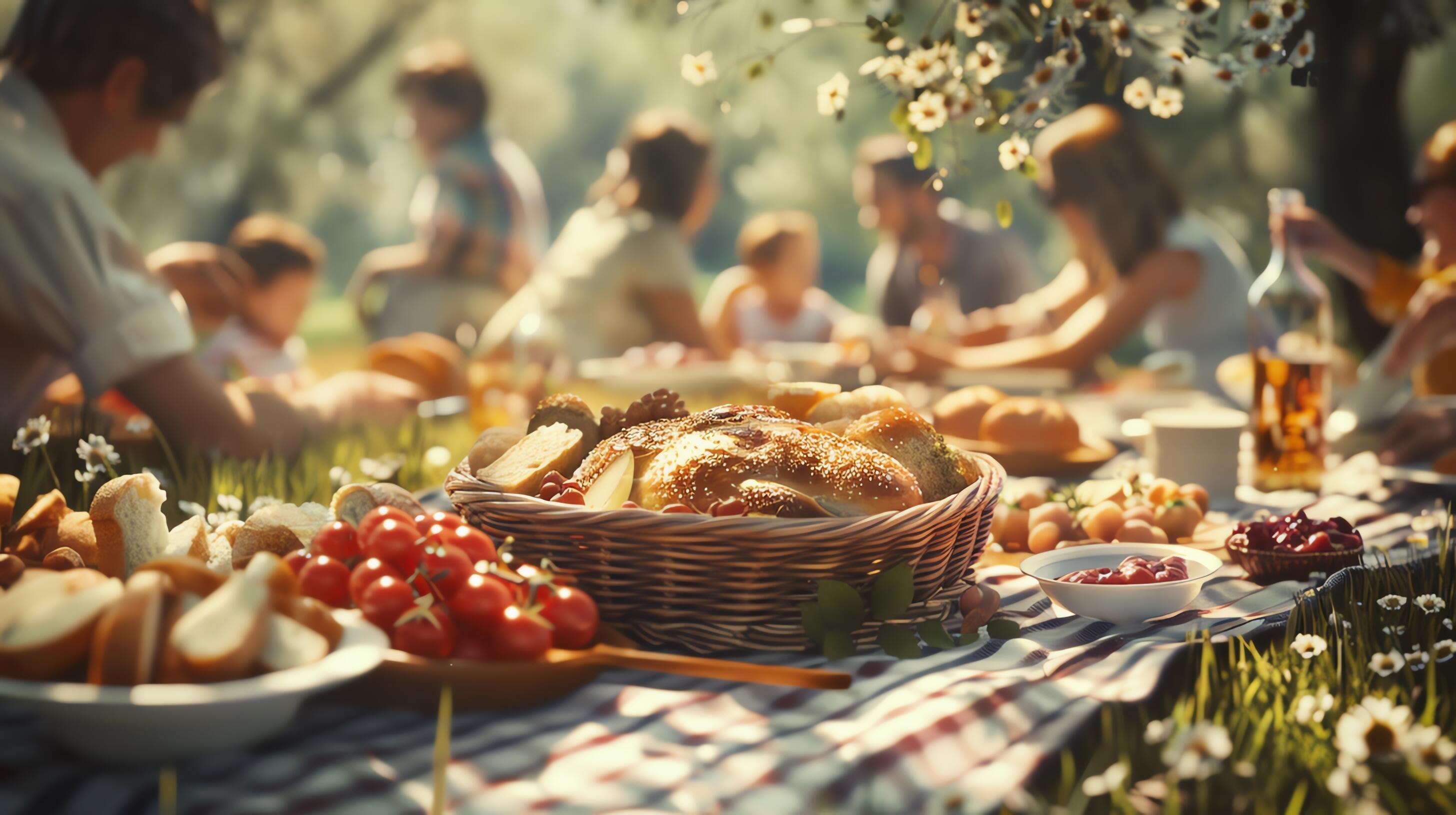 A warm sunny day at the park with friends and family enjoying a delicious picnic, featuring fresh bread, fruits, and other delightful foods. Stock Free