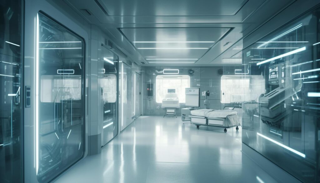 Futuristic hospital corridor with modern equipment and illuminated windows generated by AI Stock Free