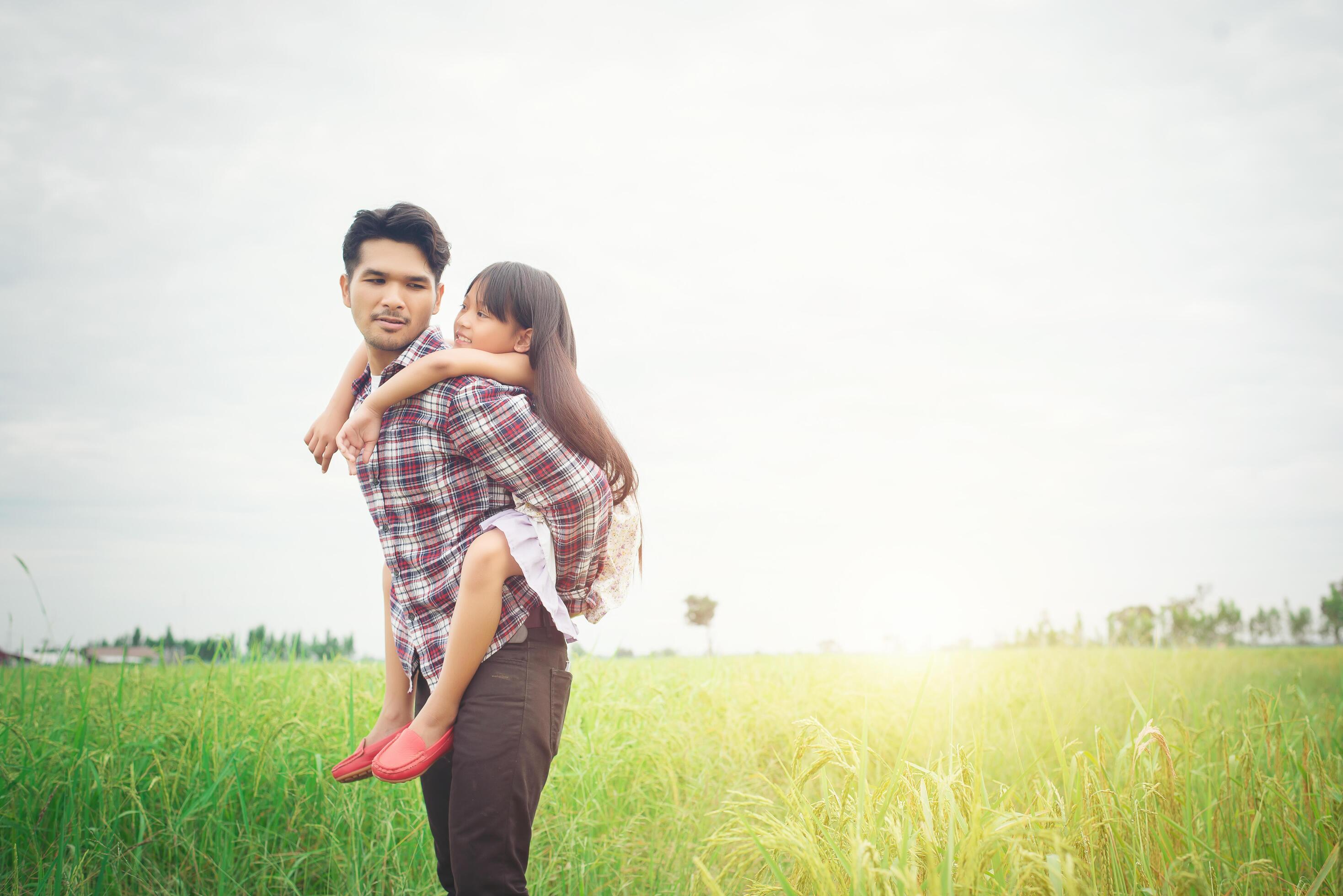 Happy Father and little girl playing at the meadows field, enjoying together. Stock Free