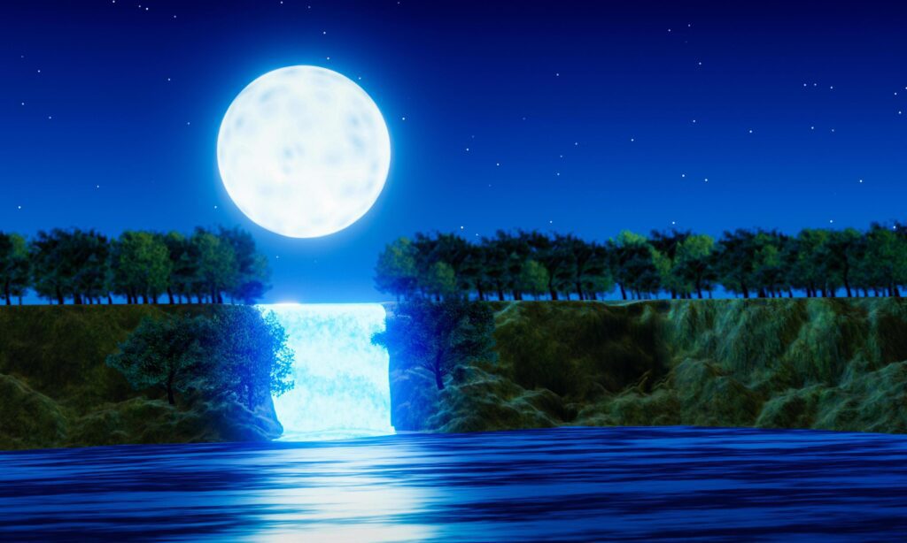 Waterfall cliff. Full moon night. Blue tone. Forest nature. Mountains and waterfalls. Glowing at night. Fantasy style. 3D Rendering. Stock Free