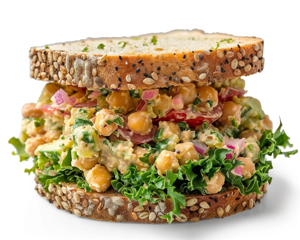 a sandwich with chickpeas and greens on a white background Stock Free