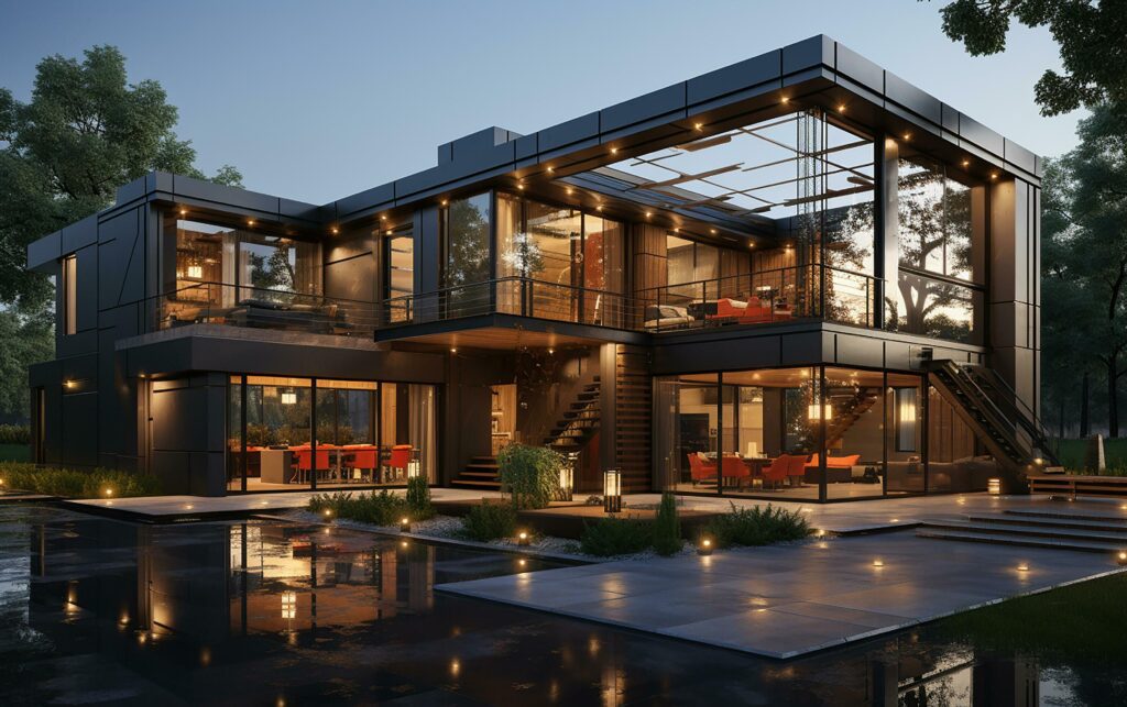 unique industrial architecture house in daylight, photo-realistic AI generative Stock Free