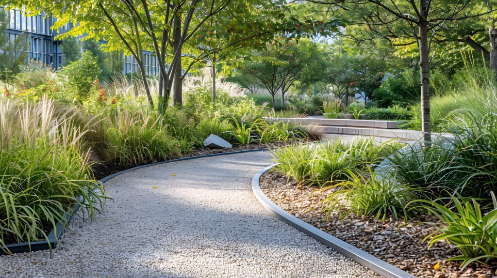 A close up of a walkway with a bench and trees in the background Stock Free