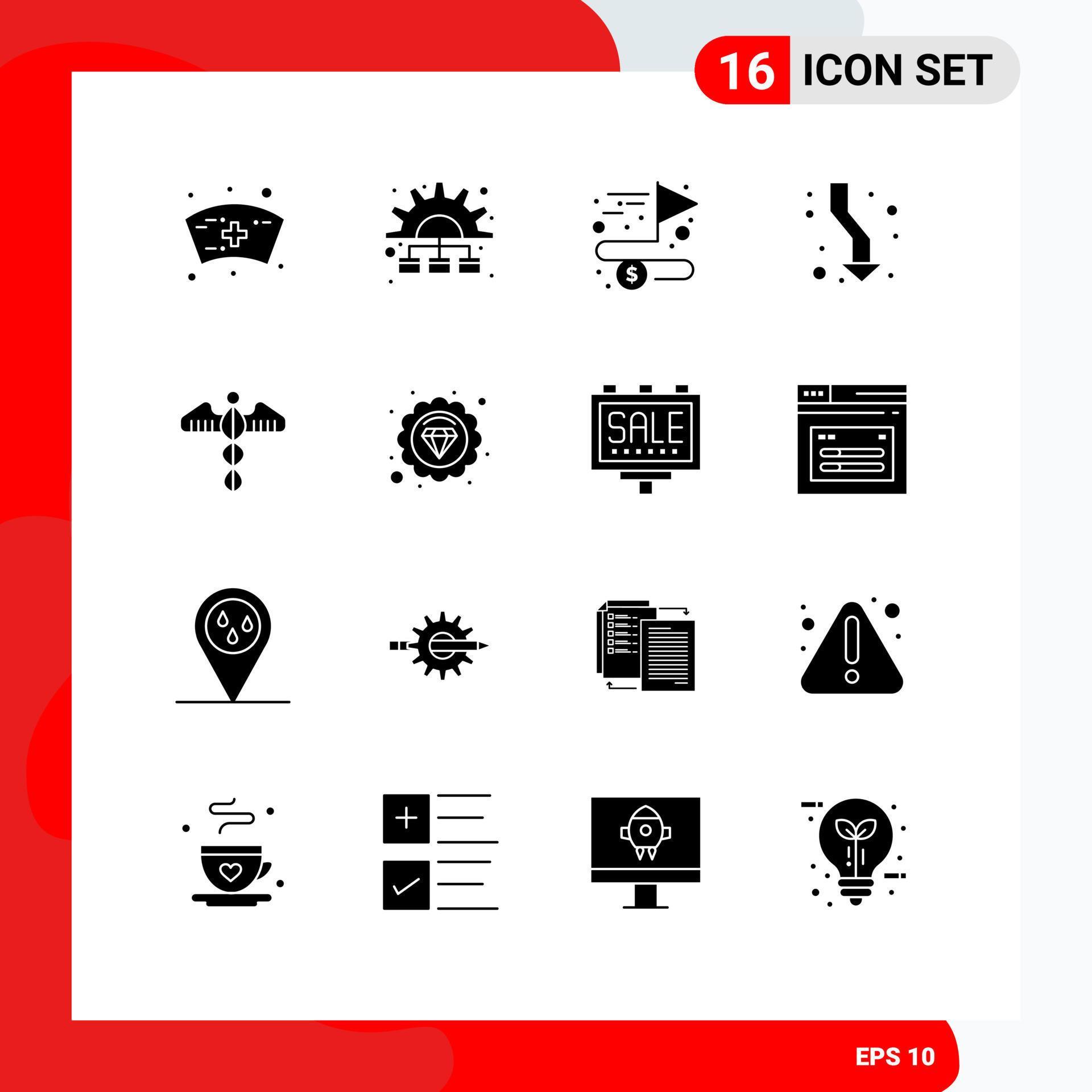 Mobile Interface Solid Glyph Set of 16 Pictograms of symbol down achieving direction arrows Editable Vector Design Elements Stock Free