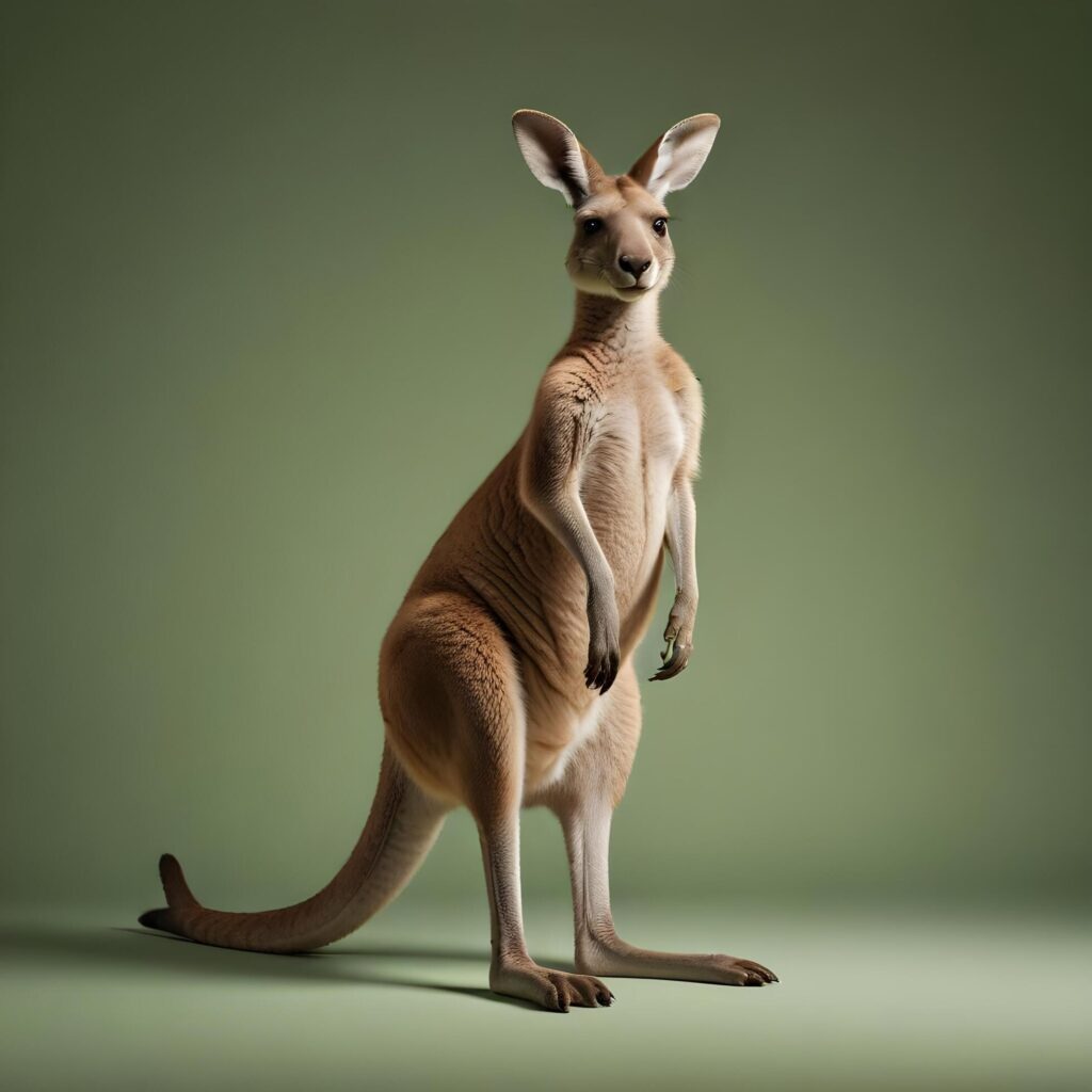 a kangaroo standing on its hind legs in front of a gray background Stock Free