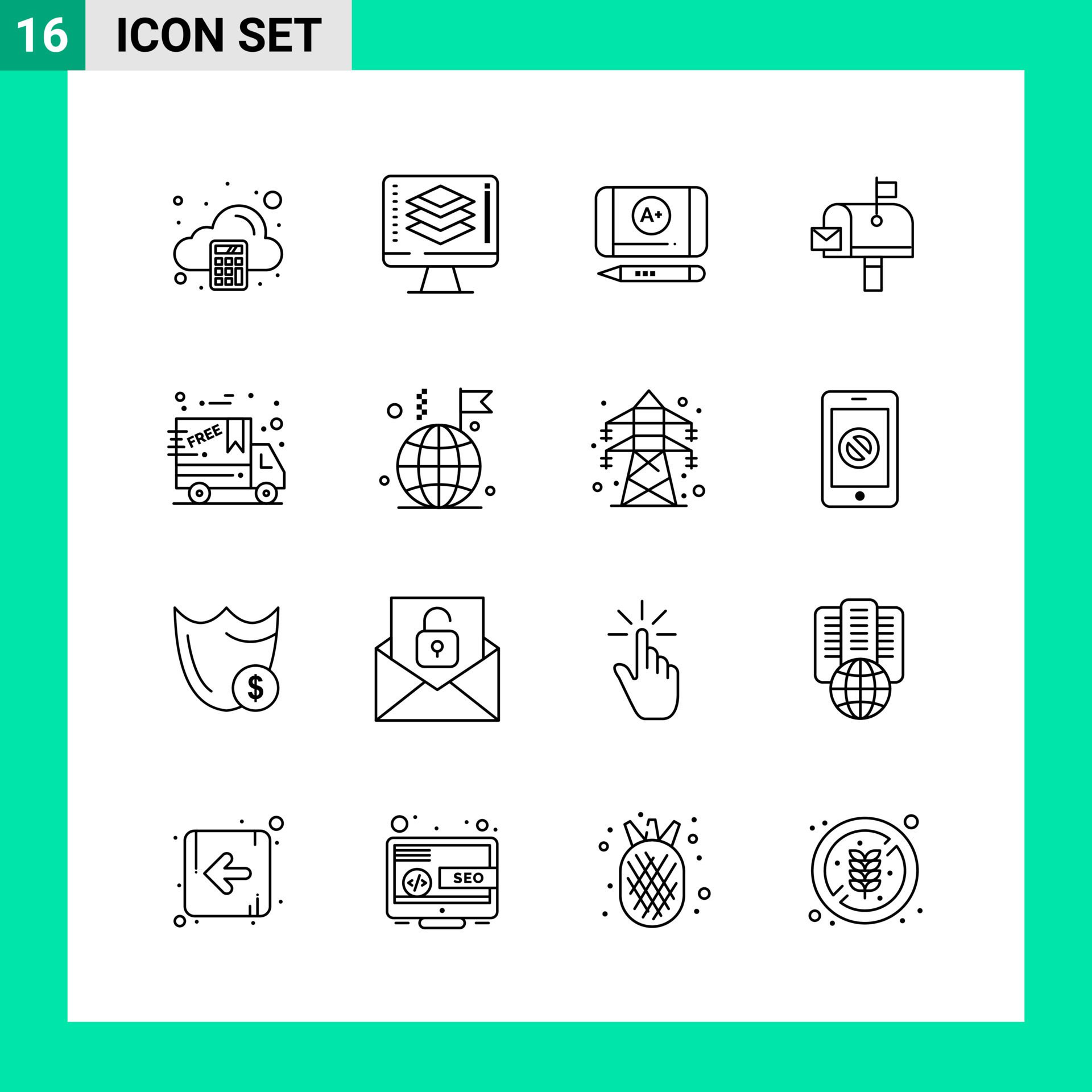 Pack of 16 Line Style Icon Set. Outline Symbols for print. Creative Signs Isolated on White Background. 16 Icon Set. Free Vector