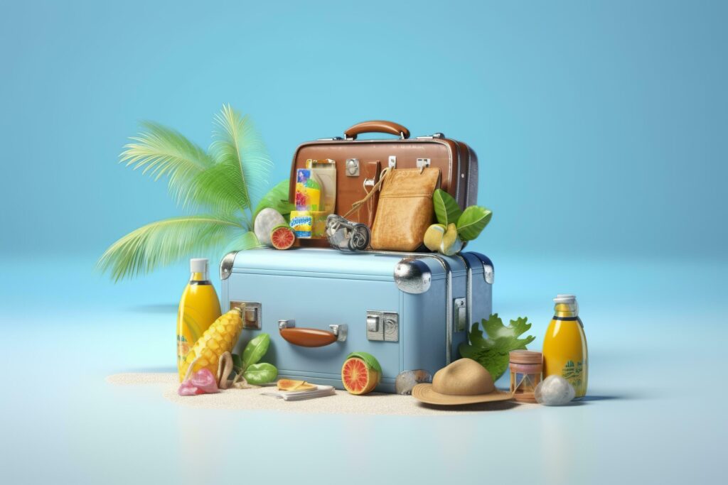 Creative Summer Beach Composition in Suitcase on Blue Background, A Travel Concept Idea in 3D Rendering. AI Generative Stock Free