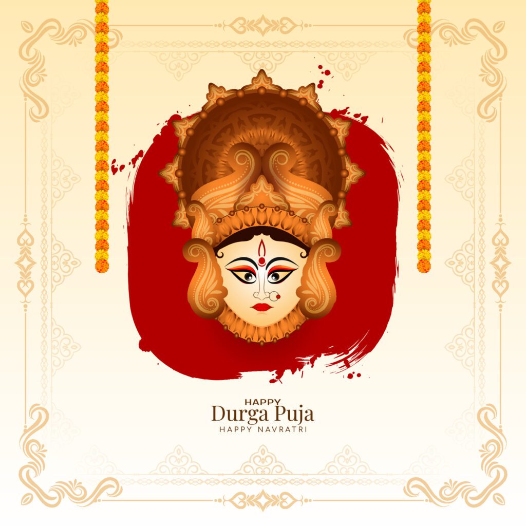 Religious Durga Puja and Happy navratri festival background with goddess face design Free Vector