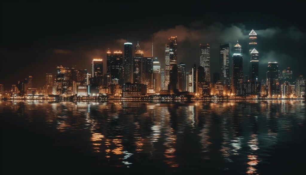 Illuminated city skyline reflects on waterfront at dusk, a futuristic landscape Stock Free