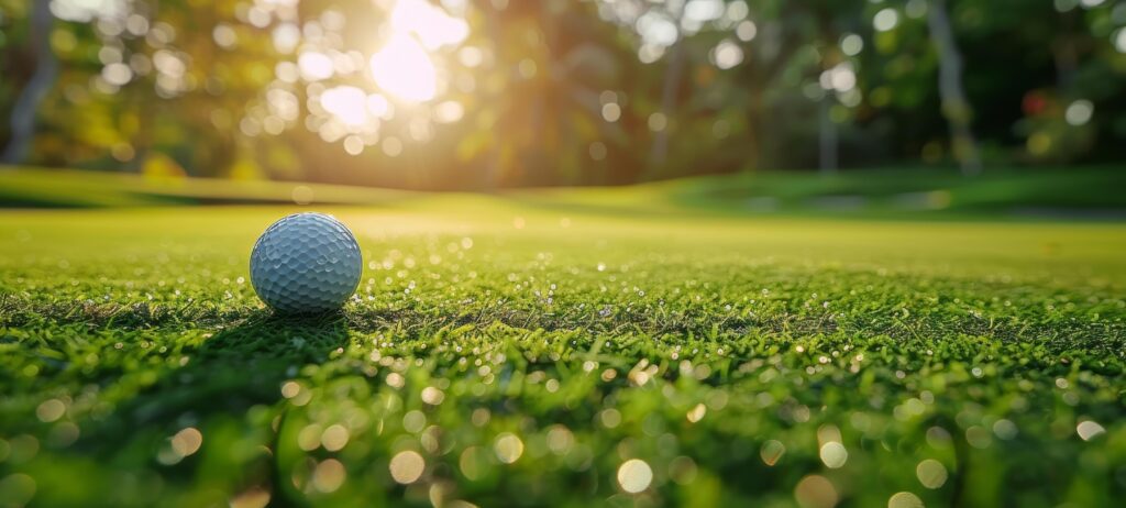 Golf Ball Resting on Green Grass With Sun Shining in Background Stock Free