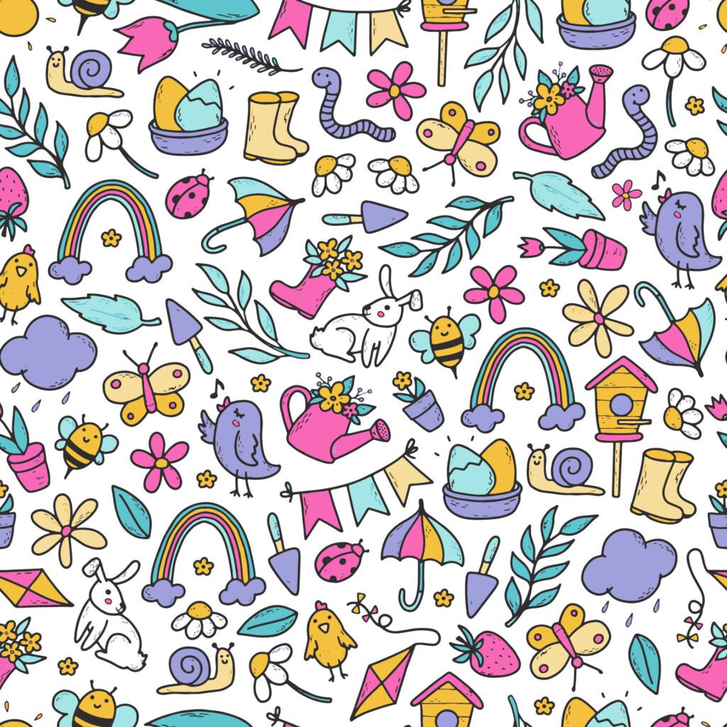 Spring seamless pattern with doodles on white background. Good for Easter decor, wrapping paper, scrapbooking, kids textile, wallpaper, etc. EPS 10 Free Vector