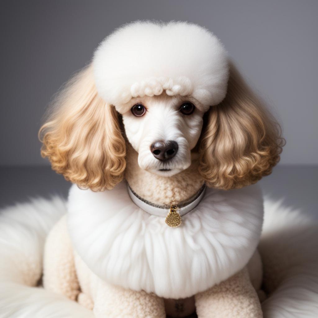 Poodle sitting, fluffy white by @ai_generated