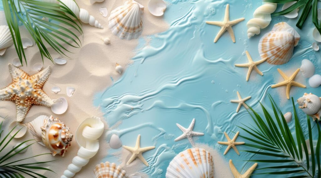 Seashells and Starfish on Blue Background With Palm Fronds and Sand Stock Free