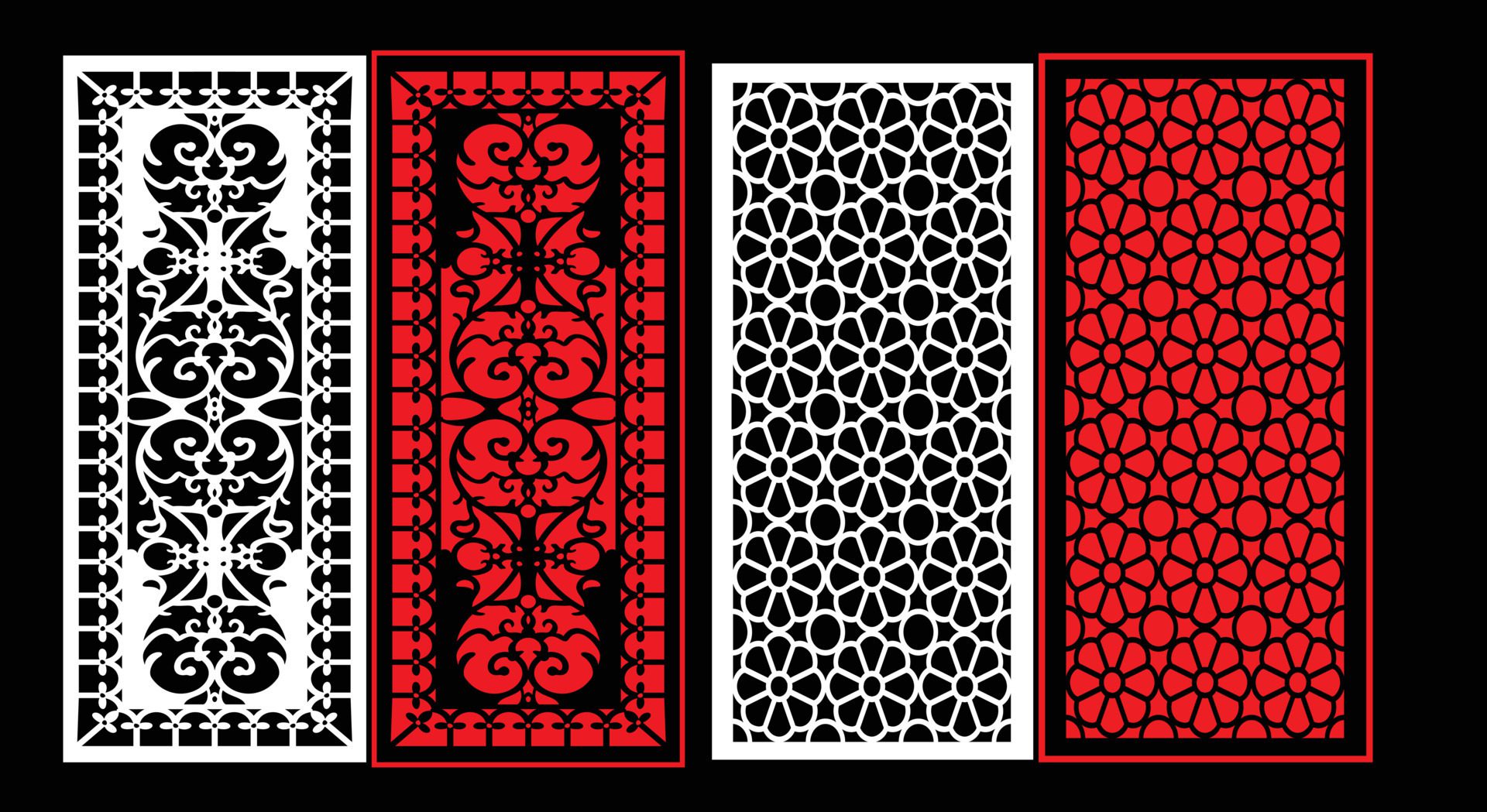 Decorative wall panels set Jali design CNC pattern, laser cutting pattern, router CNCcutting.Jali Laser cut decorative panel set with lace pattern. Free Vector