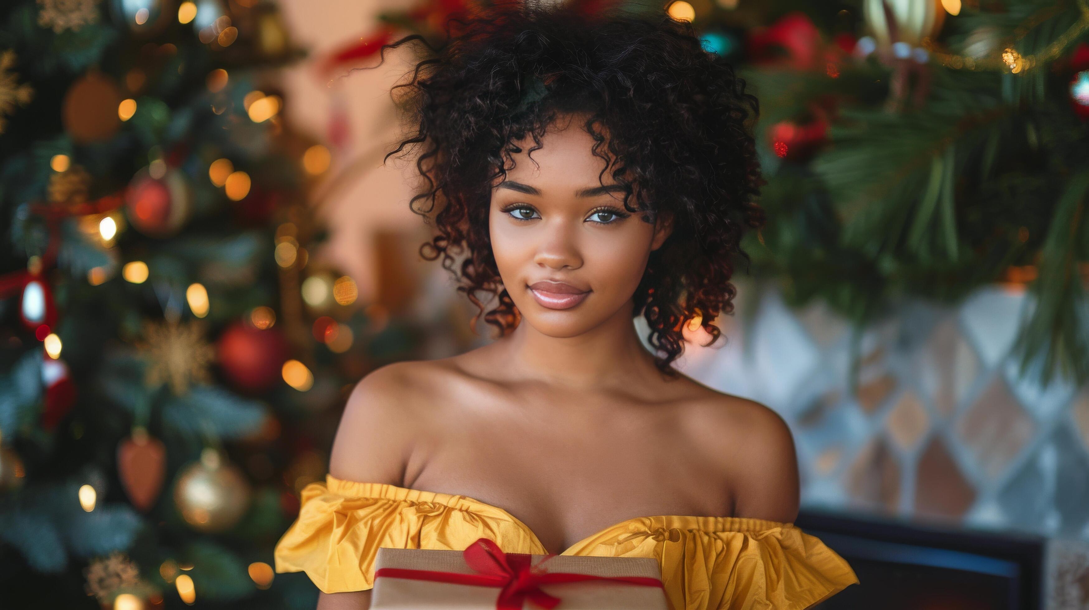 Woman in Yellow Dress Holding Present Stock Free