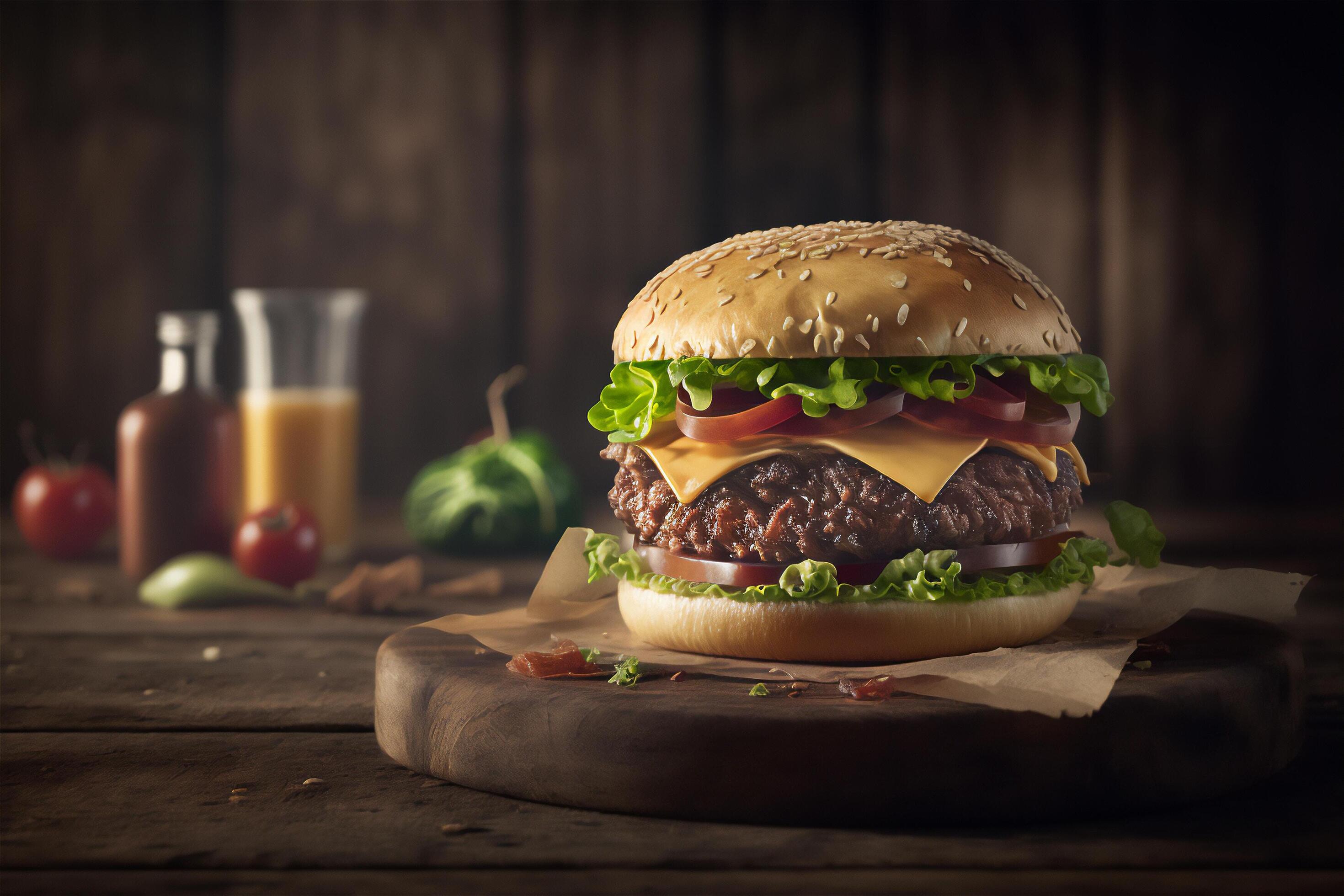 Tasty homemade hamburger on rustic wooden table. Copy space. Advertising. . Fast food snack Stock Free