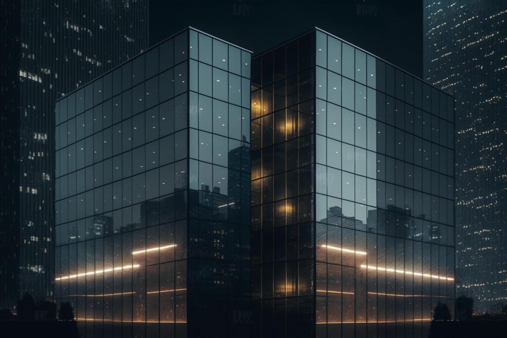 Double exposure of skyscrapers in the city at night with reflection Stock Free