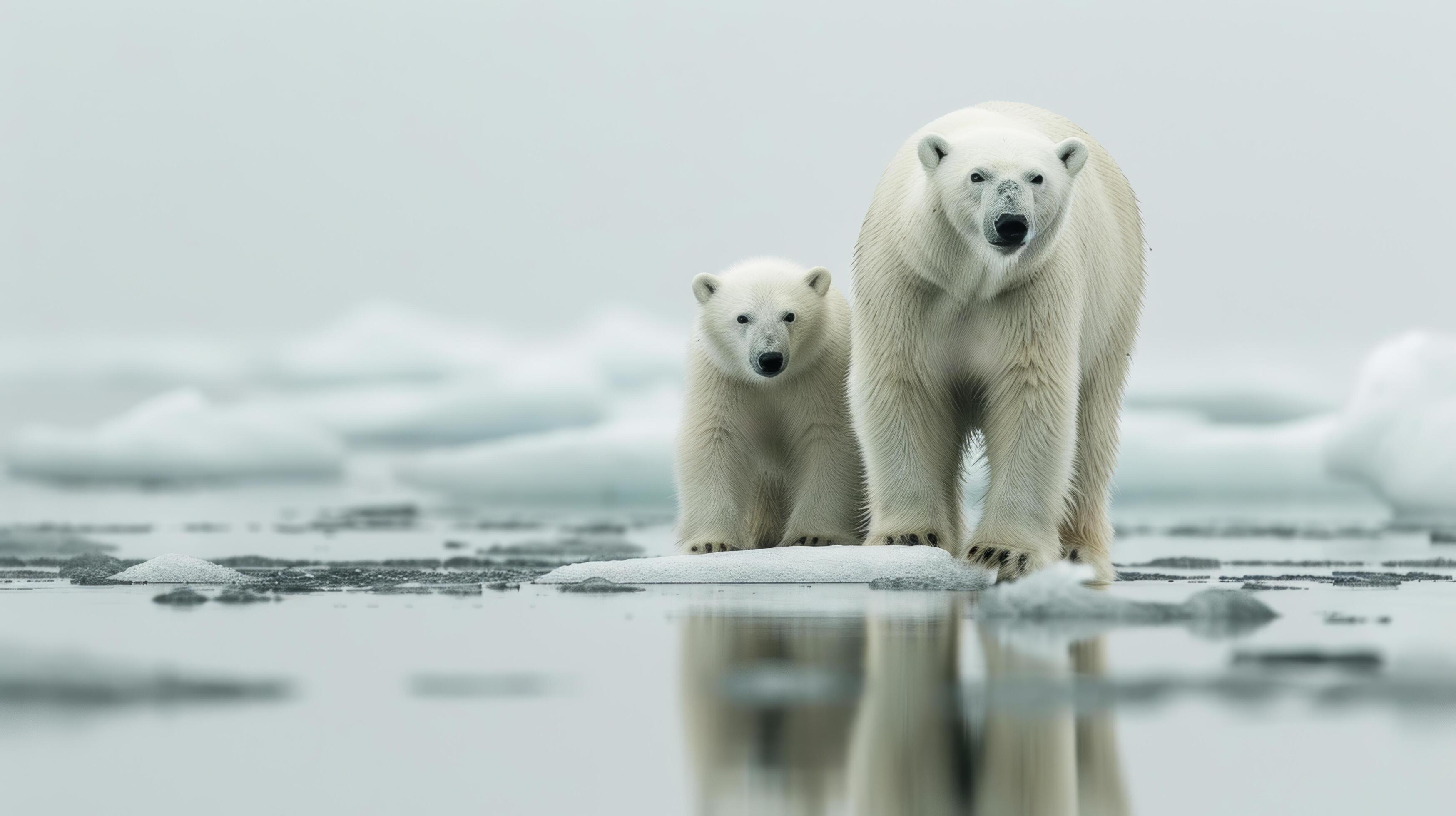 AI generated Global Warming a family of polar bears with melting icebergs Arctic wildlife Stock Free