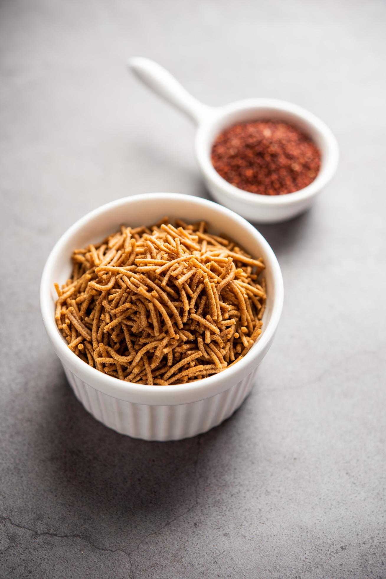 Nachni or Ragi Sev is a delicious crispy noodle made from finger millets, healthy Indian food Stock Free