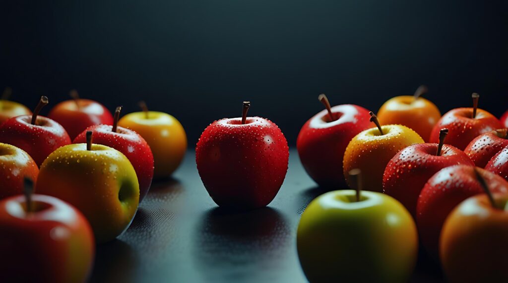 fake plastic apples, synthetically engineered in labs rather than grown from nature’s seeds background illustration. – Stock Free