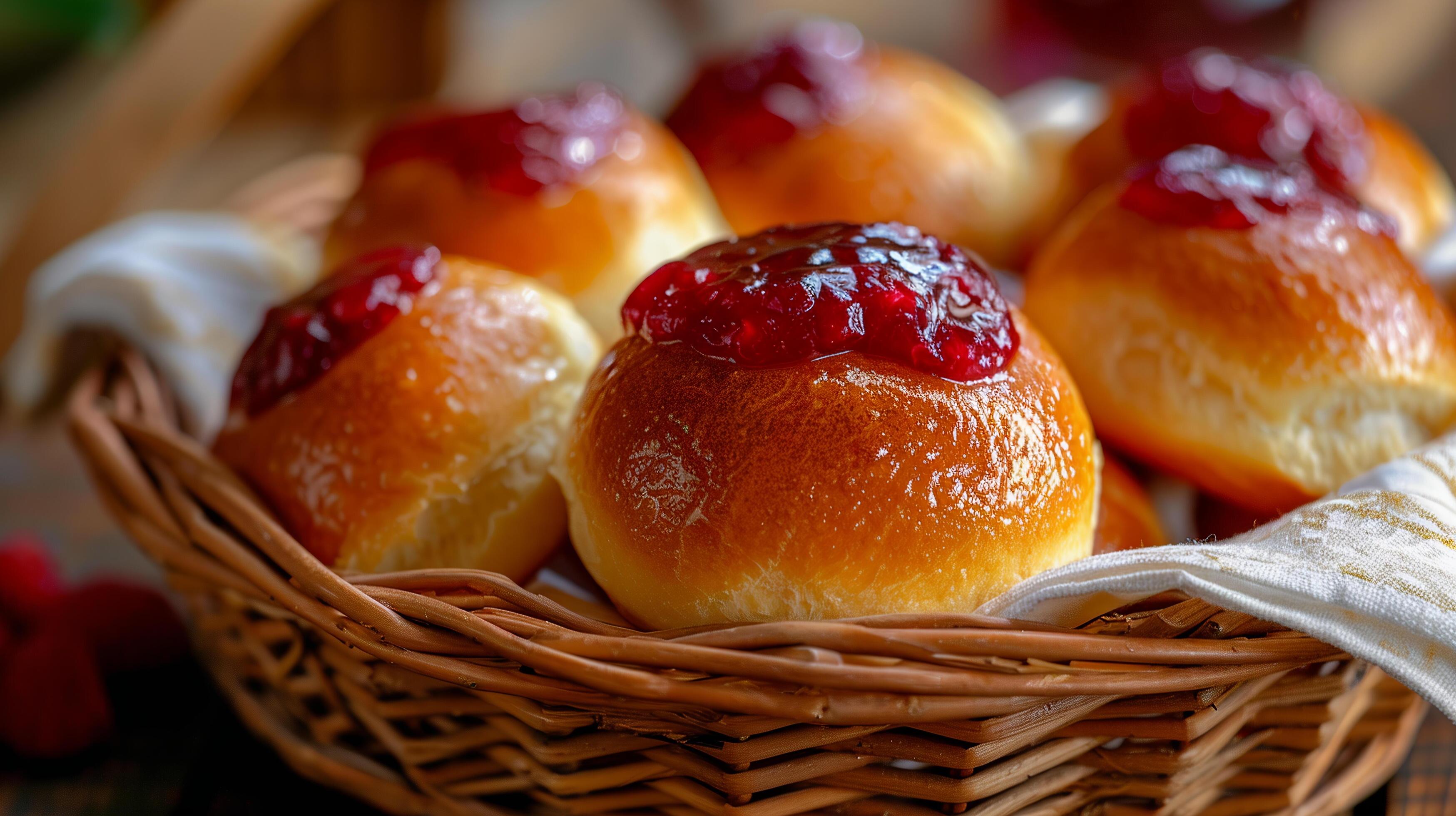 Buttery brioche buns filled with raspberry jam, served in a wicker basket. Stock Free