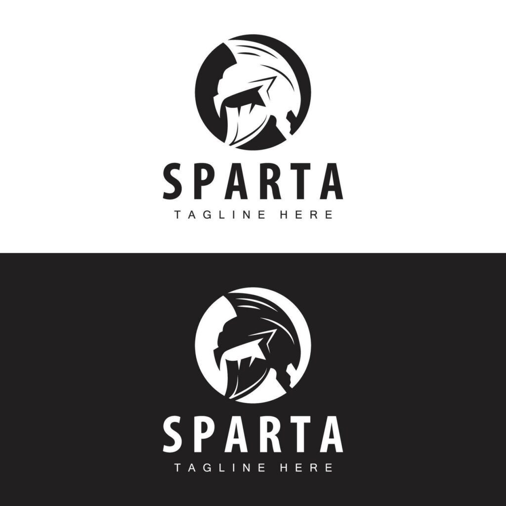 Spartan logo, barbarian warrior badge design simple silhouette spartan war helmet vector Stock Free