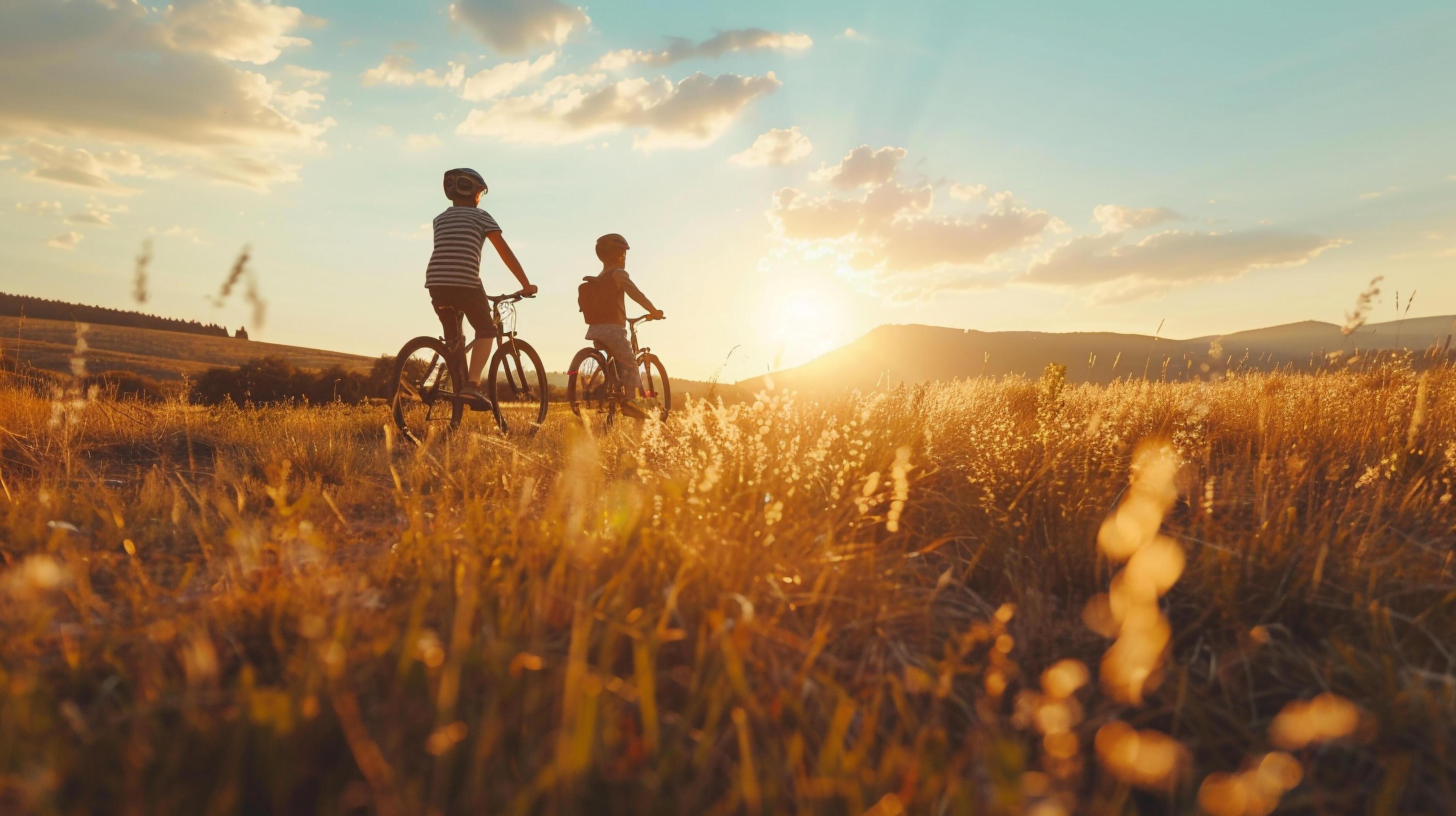 AI generated A happy family enjoying a bike ride together in the countryside Stock Free