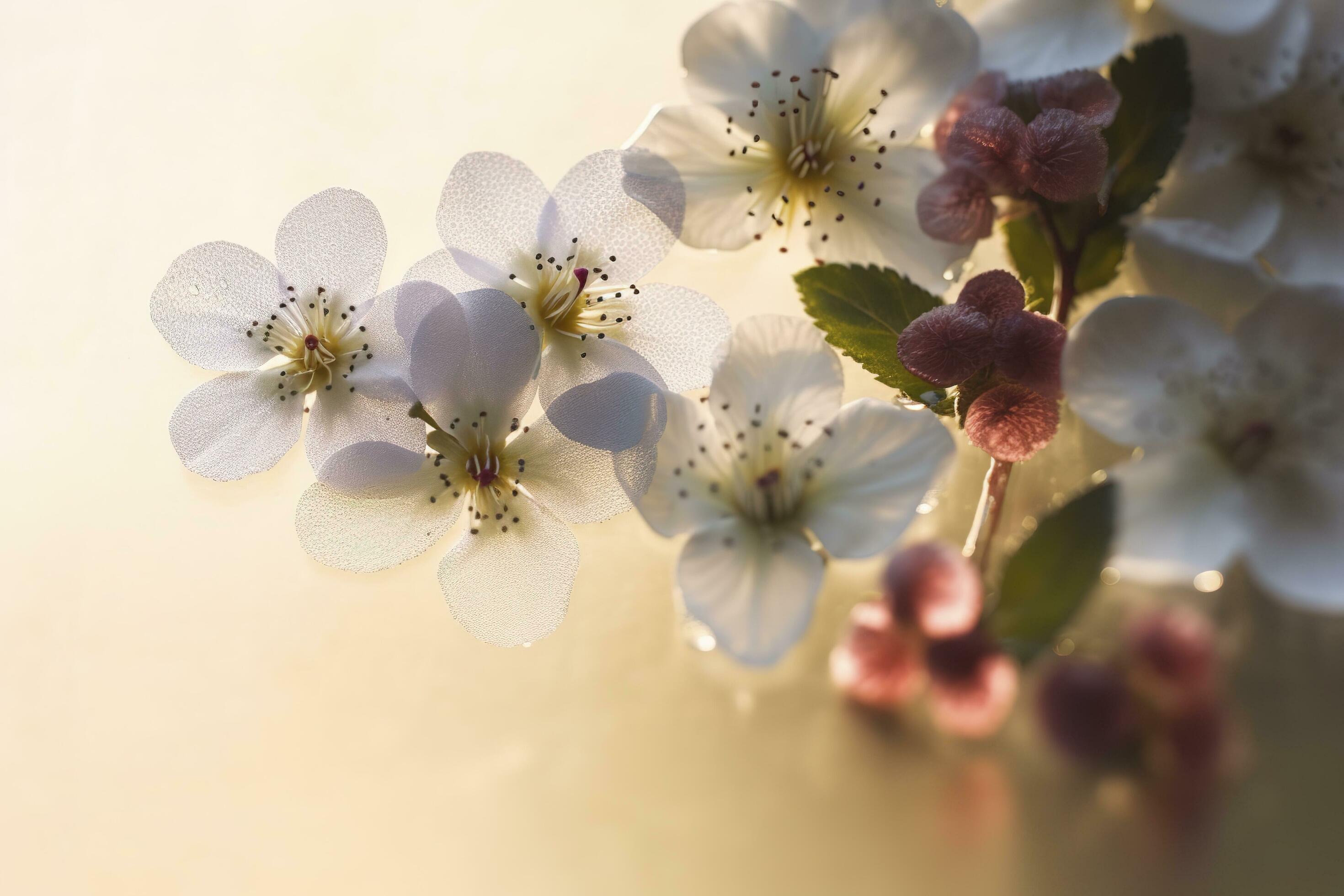 Beautiful spring border, blooming rose bush. Flowering rose hips against on wall. Soft selective focus, generate ai Stock Free