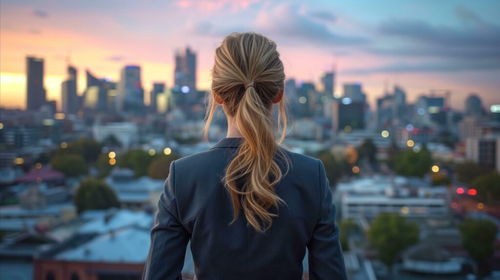 A woman looks out across the city at night. Free Photo