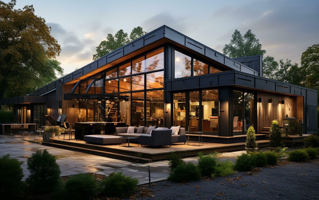 unique industrial architecture house in daylight, photo-realistic AI generative Stock Free