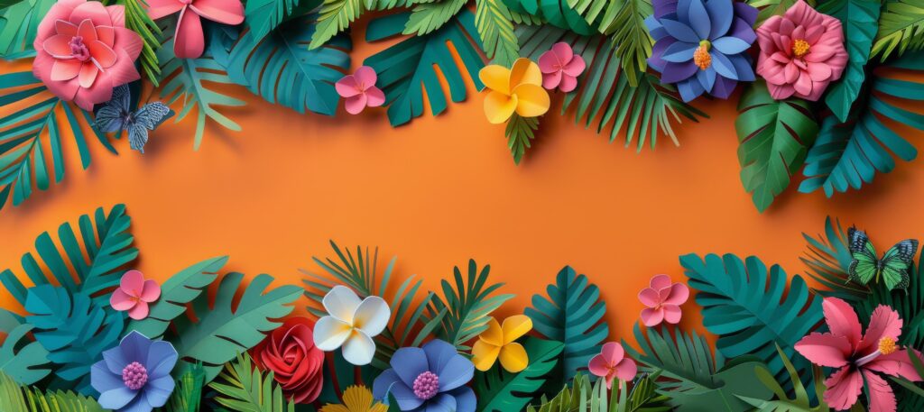 Colorful Paper Flowers and Leaves on an Orange Background Stock Free