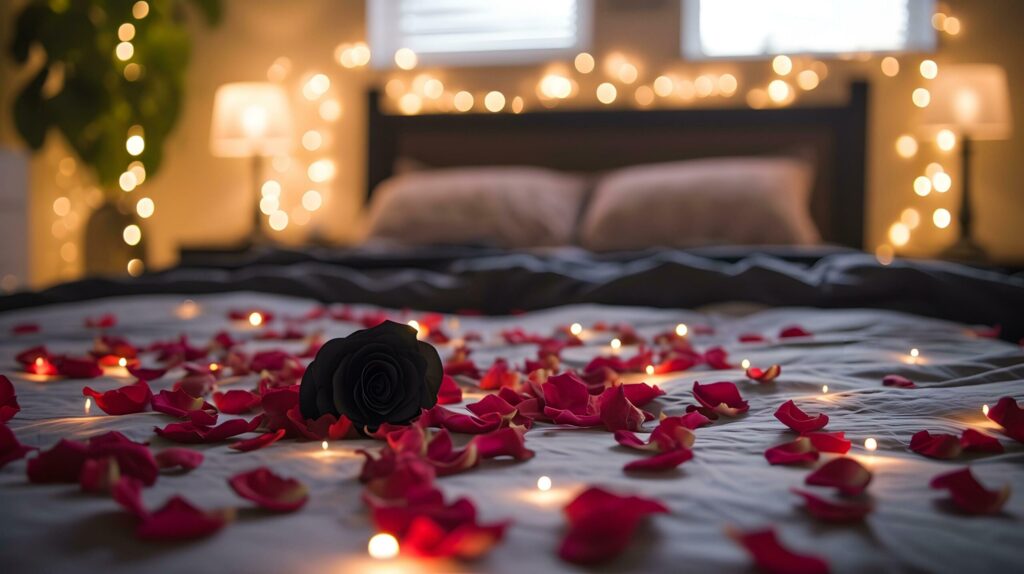 Intimate Romance Illuminated by Twinkling Lights and Petals Free Photo