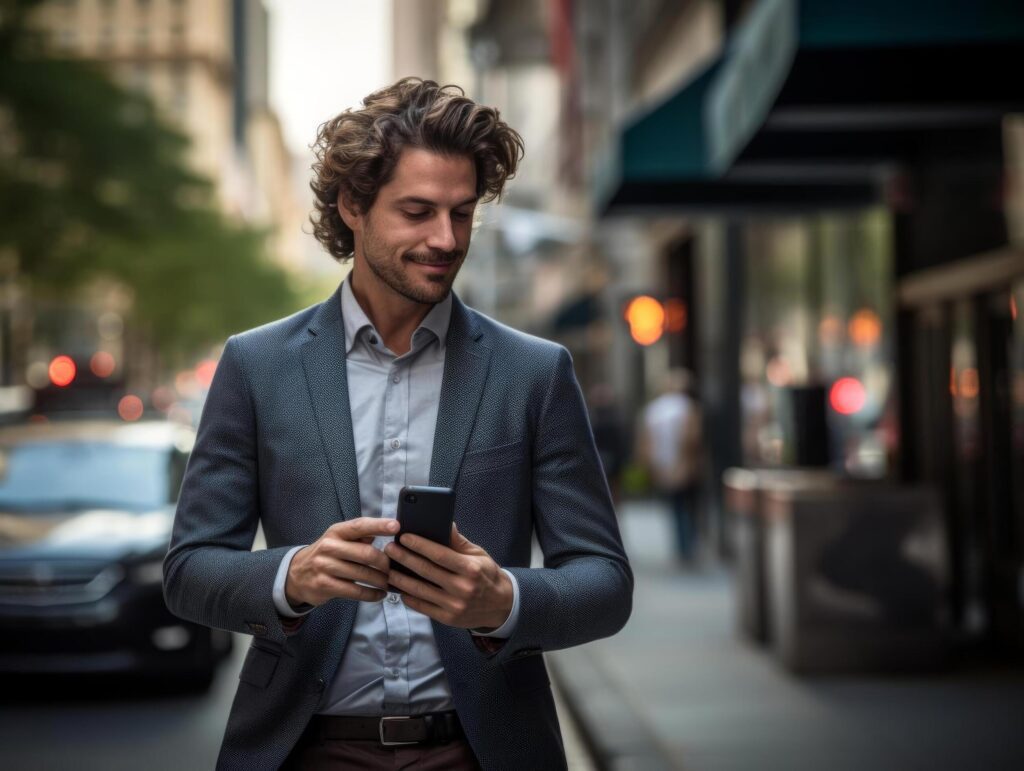 A business executive commuting on a bustling city street, using a smartphone, epitomizing the fastpaced lifestyle of modern professionals Stock Free