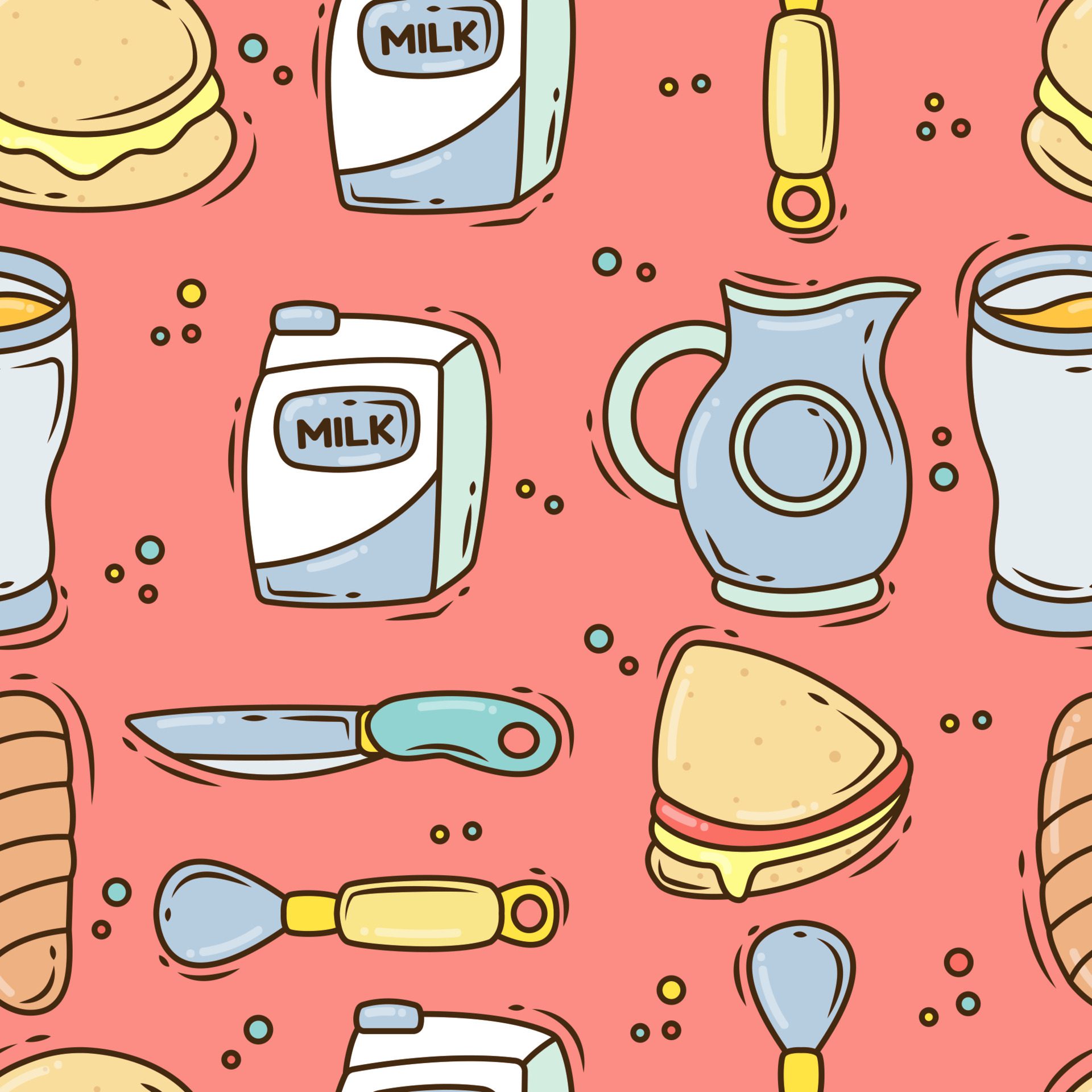 Set of hand drawn cartoon doodle breakfast elements seamless pattern Free Vector