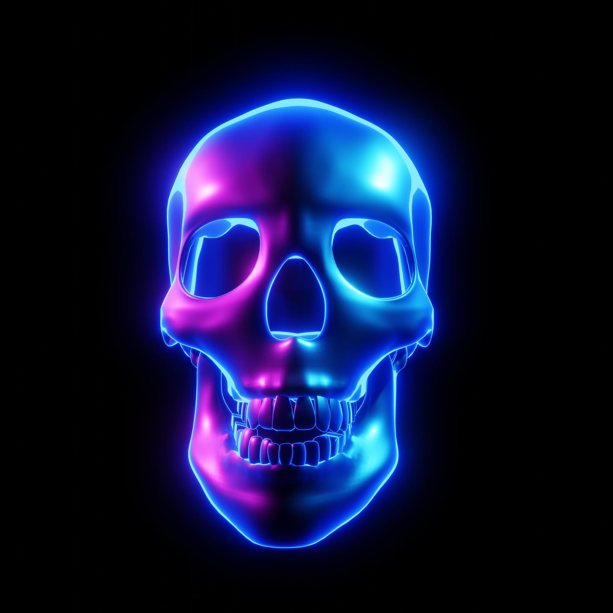 
									Glowing skull, multicolored, light tones of Cyberpunk or science fiction or sci-fi movie on black background. 3D Rendering. Stock Free