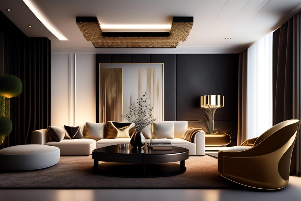 Interior of modern living room with black and gold walls, wooden floor, golden armchairs and round coffee table with gold accessories. 3d rendering Stock Free