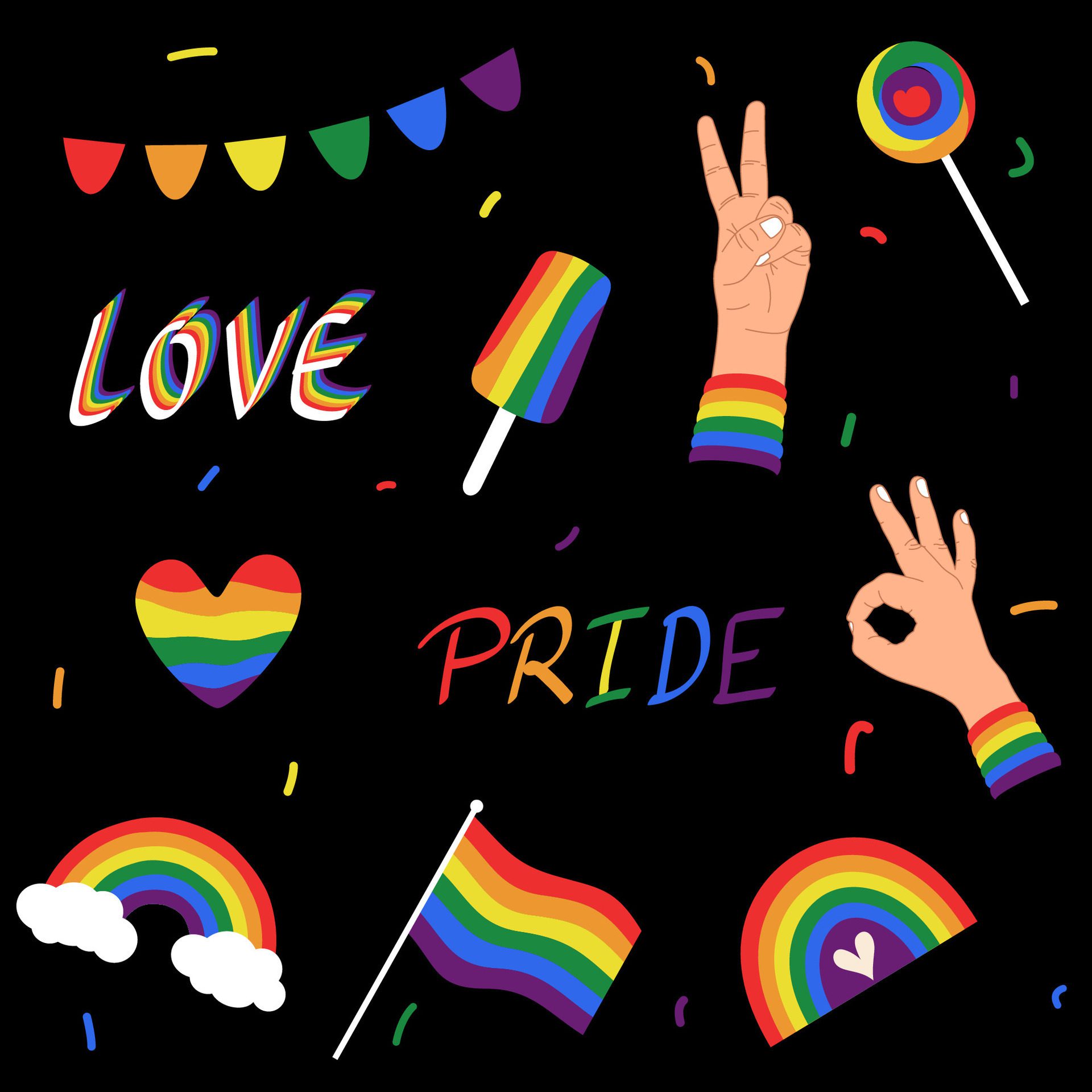 happy pride month seamless pattern with illustration of pride elements Free Vector