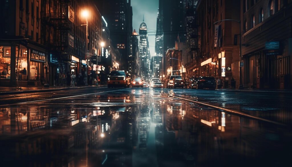 Glowing city lights reflect on wet streets in crowded metropolis generated by AI Stock Free