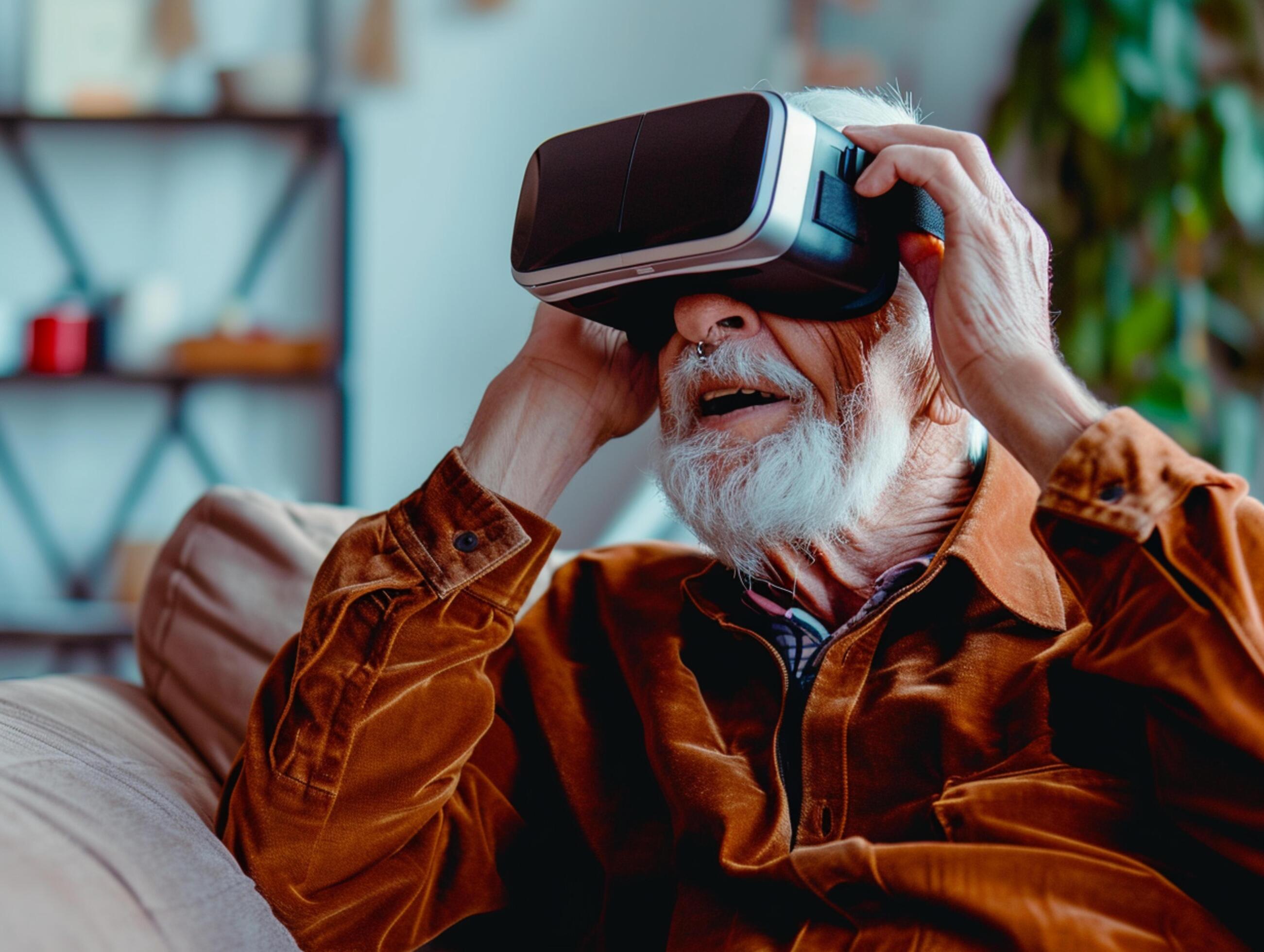 AI generated online education Senior Man wearing VR Headset with Living Room Background AI Generative Stock Free