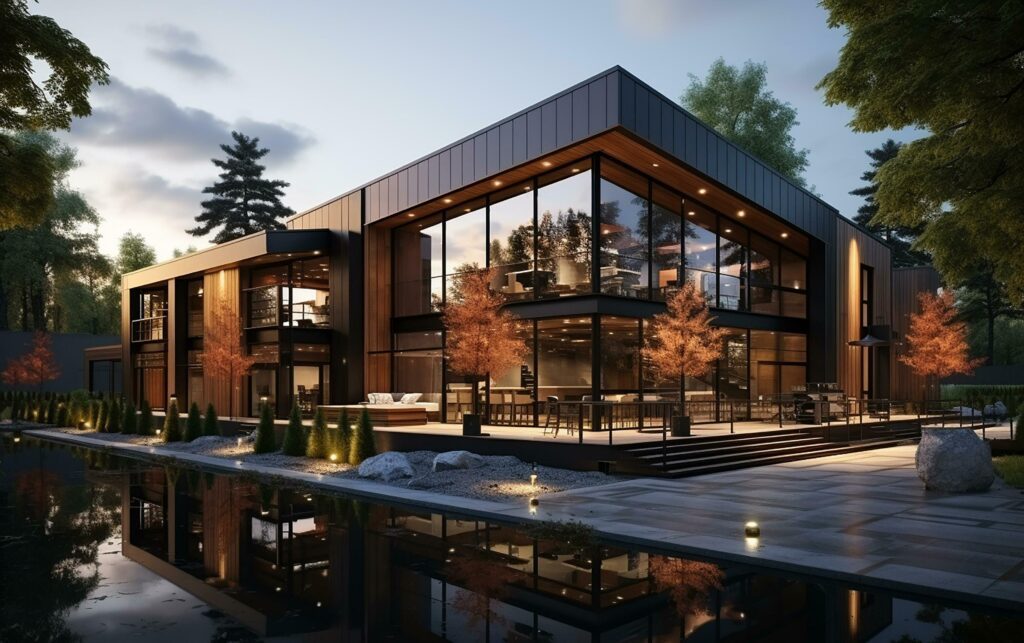 unique industrial architecture house in daylight, photo-realistic AI generative Stock Free