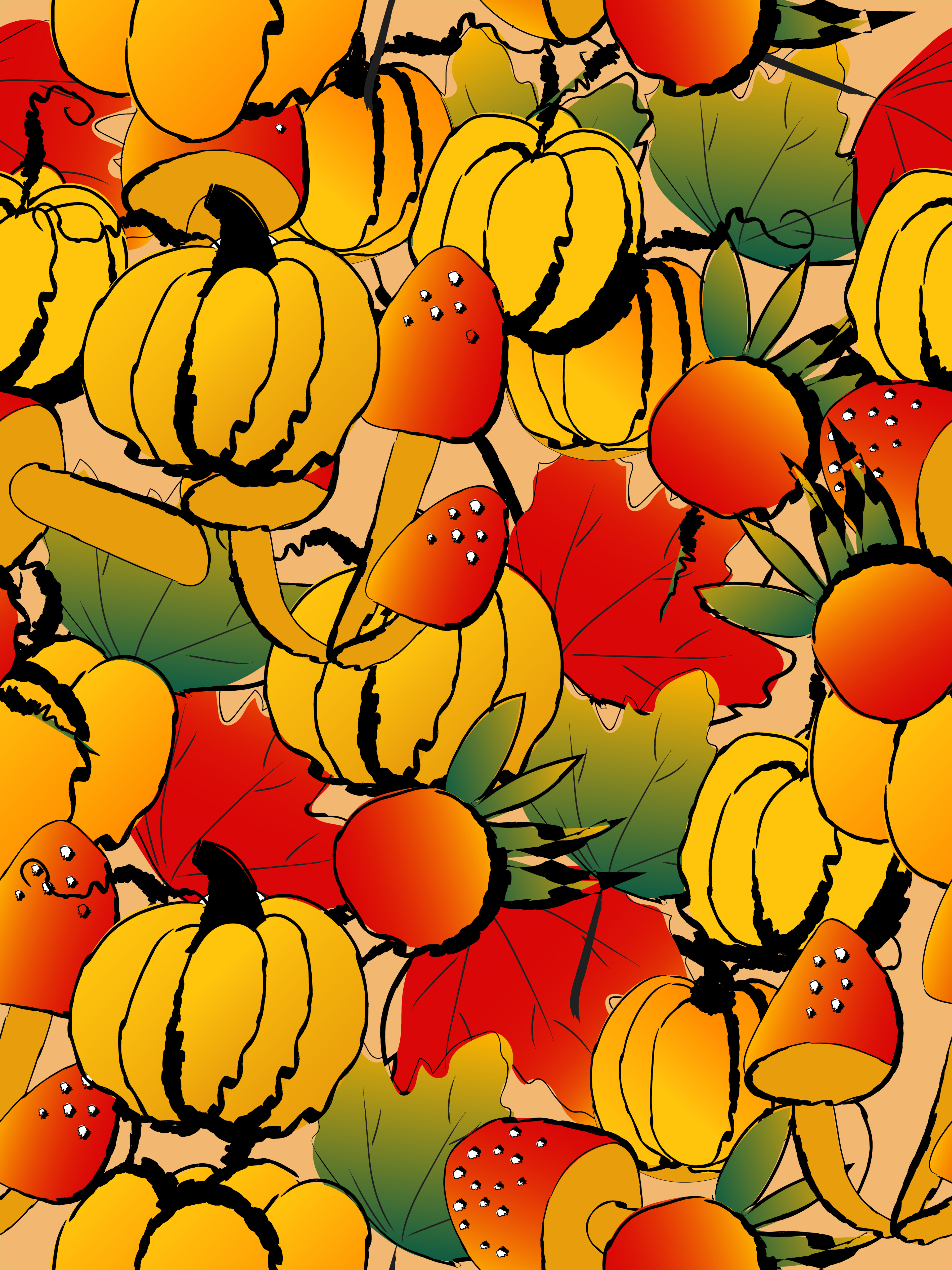 Pumpkins with leaves, mushrooms and berries seamless pattern Free Vector